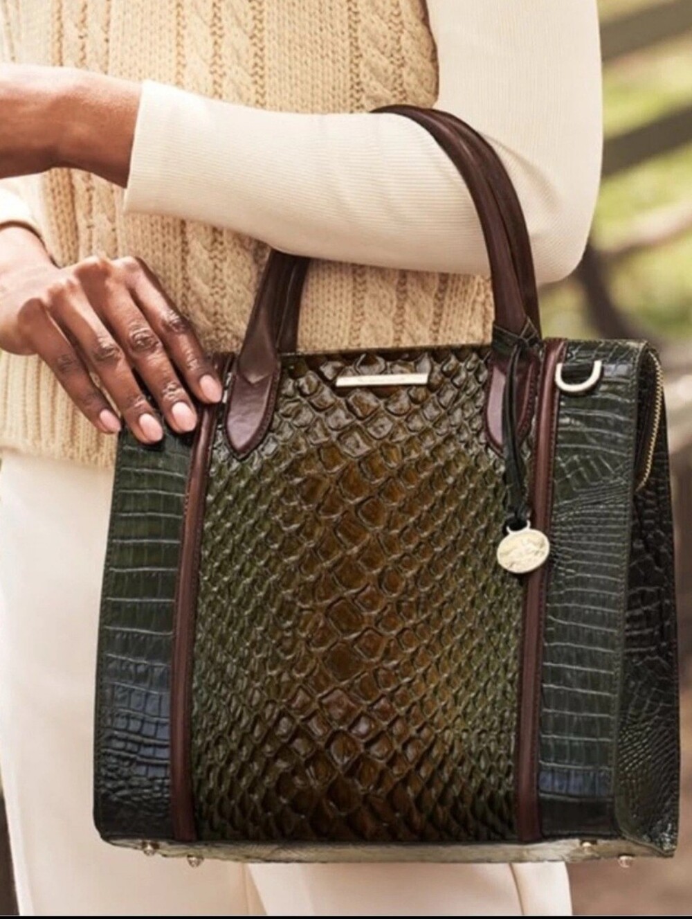 NWT Brahmin Hunter Amaya Caroline Green Brown Croc-Embossed Leather Satchel - Picture 14 of 14